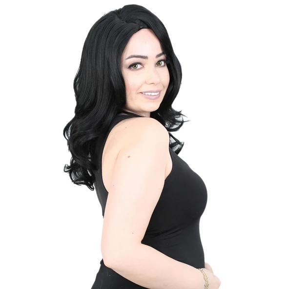 Kahkülsüz Fiber Sentetik Orta Boy Dalgalı Peruk - Siyah - Resim 2