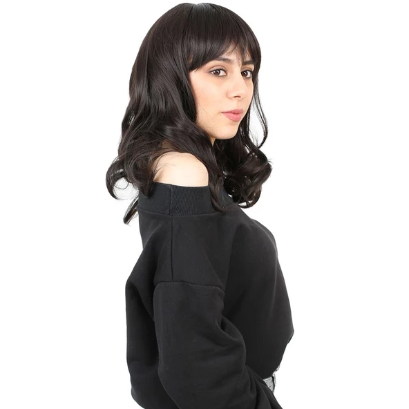 Dalgalı Perçemli Orta Boy Fiber Sentetik Peruk - Kahverengi - Resim 2