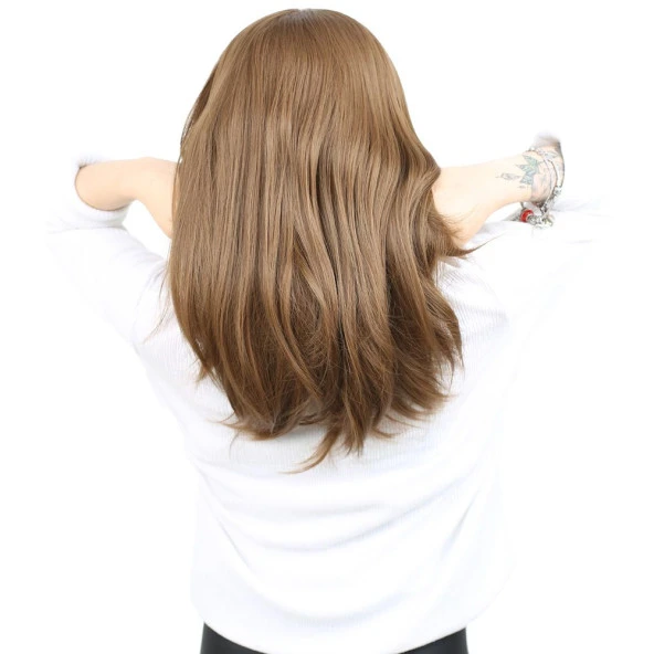 Kahkülsüz Fiber Sentetik Orta Boy Düz Peruk - Kumral ürün görseli