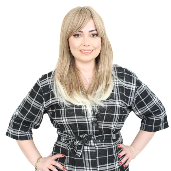 Düz Perçemli Orta Boy Fiber Sentetik Peruk - Karamel / Platin Röfleli ürün görseli