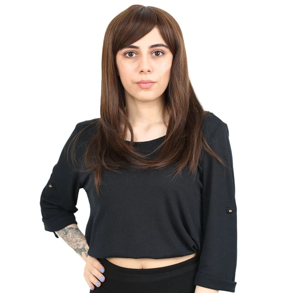 Düz Perçemli Orta Boy Fiber Sentetik Peruk - Kahve Karamel ürün görseli