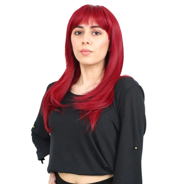 Düz Perçemli Orta Boy Fiber Sentetik Peruk - Kızıl ürün görseli