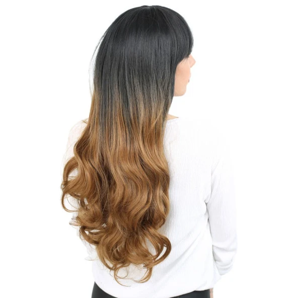 Kahküllü Uzun Dalgalı Fiber Sentetik Peruk - Siyah / Karamel Ombreli - Resim 2