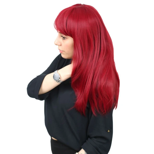 Düz Perçemli Orta Boy Fiber Sentetik Peruk - Kızıl - Resim 3