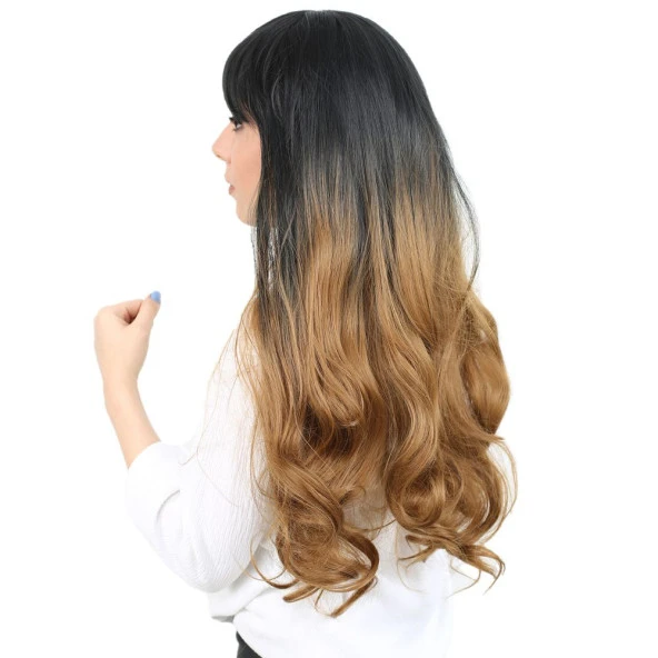 Kahküllü Uzun Dalgalı Fiber Sentetik Peruk - Siyah / Karamel Ombreli - Resim 3
