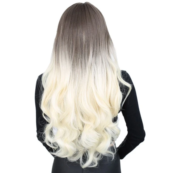 Kahküllü Uzun Dalgalı Fiber Sentetik Peruk - Küllü Açık Kahve / Platin Ombreli - Resim 4