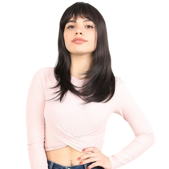 Düz Perçemli Orta Boy Fiber Sentetik Peruk - Kahverengi ürün görseli