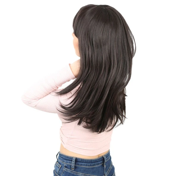 Düz Perçemli Orta Boy Fiber Sentetik Peruk - Kahverengi - Resim 3