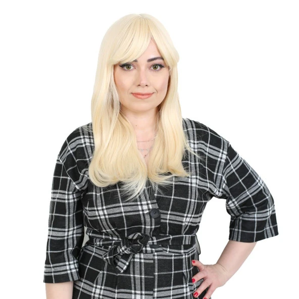 Düz Perçemli Orta Boy Fiber Sentetik Peruk - Platin ürün görseli