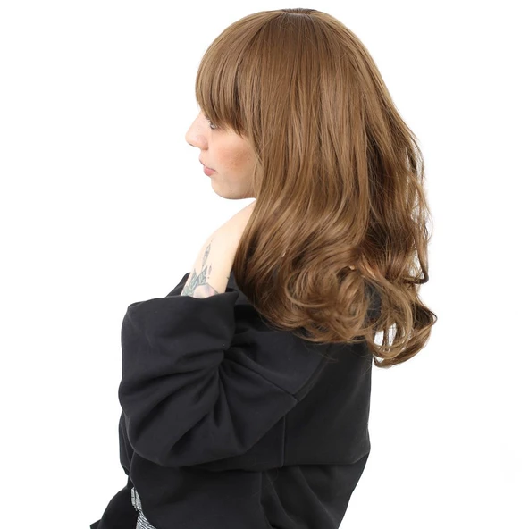 Dalgalı Perçemli Orta Boy Fiber Sentetik Peruk - Kumral - Resim 3