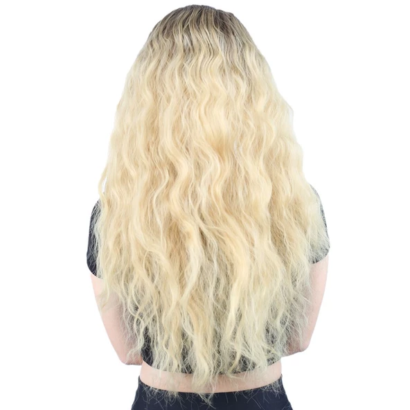 Kabarık Dalgalı Uzun Fiber Sentetik Peruk - Kumral / Sarı Ombreli - Resim 4