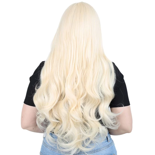 Kahküllü Uzun Dalgalı Fiber Sentetik Peruk - Platin - Resim 4