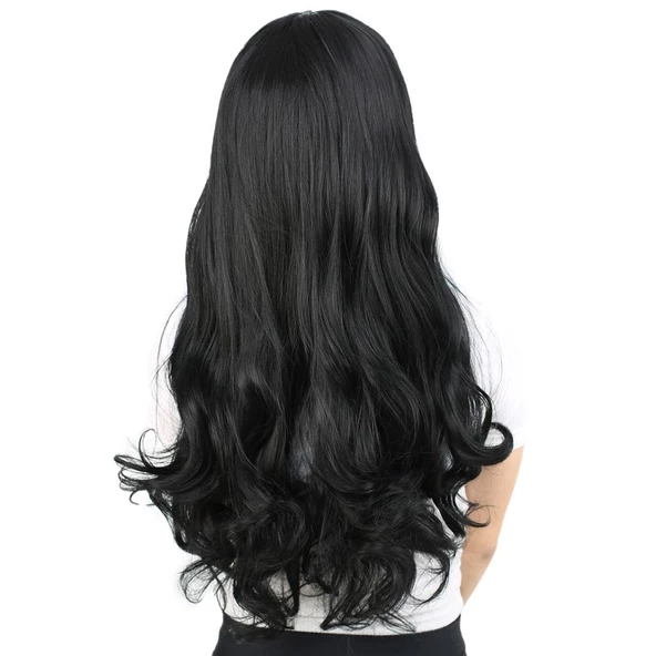 Kahküllü Uzun Dalgalı Fiber Sentetik Peruk - Siyah - Resim 4