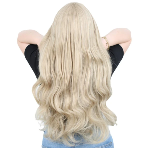 Kahküllü Uzun Dalgalı Fiber Sentetik Peruk - Balköpüğü / Platin Röfleli - Resim 4