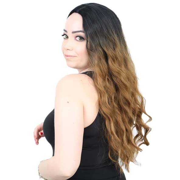 Su Dalgası Uzun Perçemsiz Fiber Sentetik Peruk - Siyah / Karamel Ombreli - Resim 3