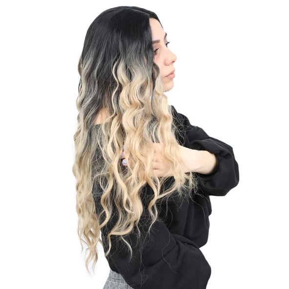 Su Dalgası Uzun Perçemsiz Fiber Sentetik Peruk - Siyah / Balköpüğü Ombreli - Resim 2