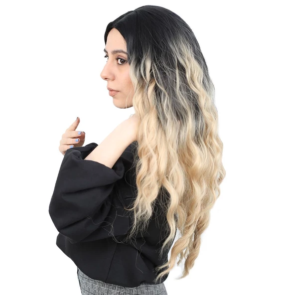 Su Dalgası Uzun Perçemsiz Fiber Sentetik Peruk - Siyah / Balköpüğü Ombreli - Resim 3