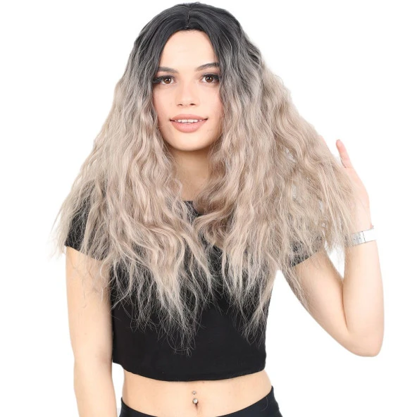 Kabarık Dalgalı Uzun Fiber Sentetik Peruk - Siyah / Küllü Bebek Sarı  Ombreli ürün görseli