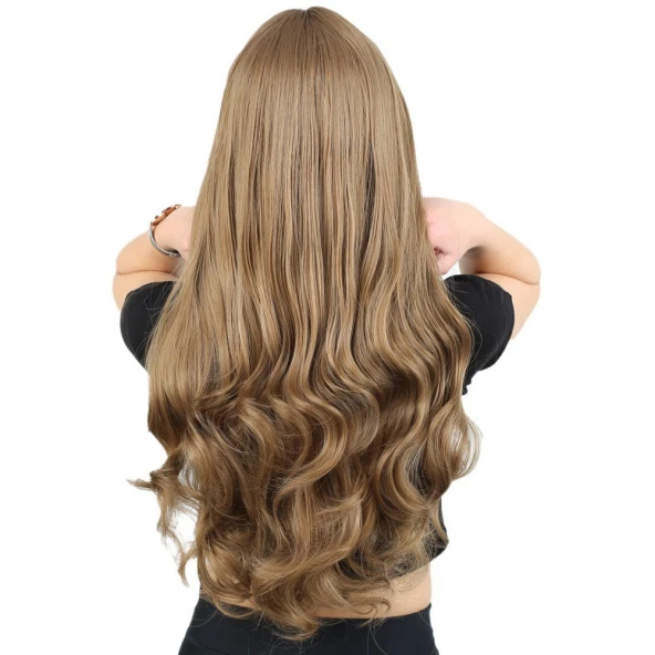 Kahküllü Uzun Dalgalı Fiber Sentetik Peruk - Bebek Kumralı - Resim 4