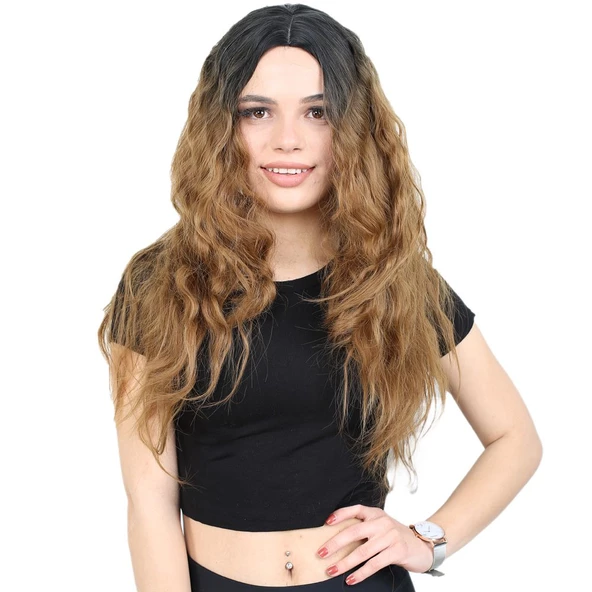 Kabarık Dalgalı Uzun Fiber Sentetik Peruk - Siyah / Karamel Ombreli ürün görseli