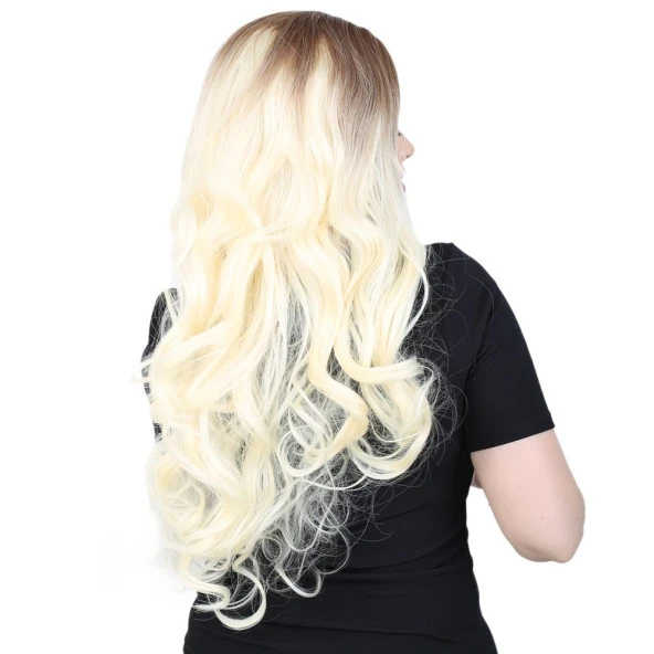 Yoğun Dalgalı Fiber Sentetik Uzun Perçemsiz Peruk - Açık Balköpüğü / Platin Ombreli - Resim 2