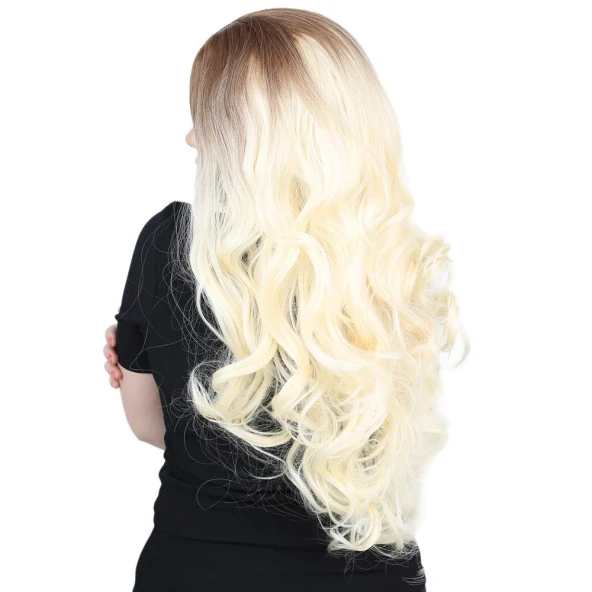 Yoğun Dalgalı Fiber Sentetik Uzun Perçemsiz Peruk - Açık Balköpüğü / Platin Ombreli - Resim 3