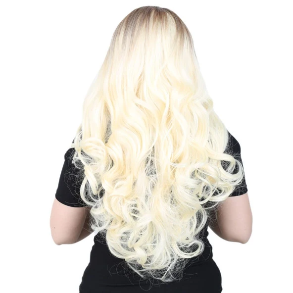 Yoğun Dalgalı Fiber Sentetik Uzun Perçemsiz Peruk - Açık Balköpüğü / Platin Ombreli - Resim 4