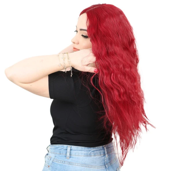 Kabarık Dalgalı Uzun Fiber Sentetik Peruk - Kızıl - Resim 3