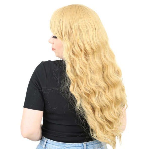Perçemli Uzun Su Dalgası Fiber Sentetik Peruk - Sarı - Resim 3