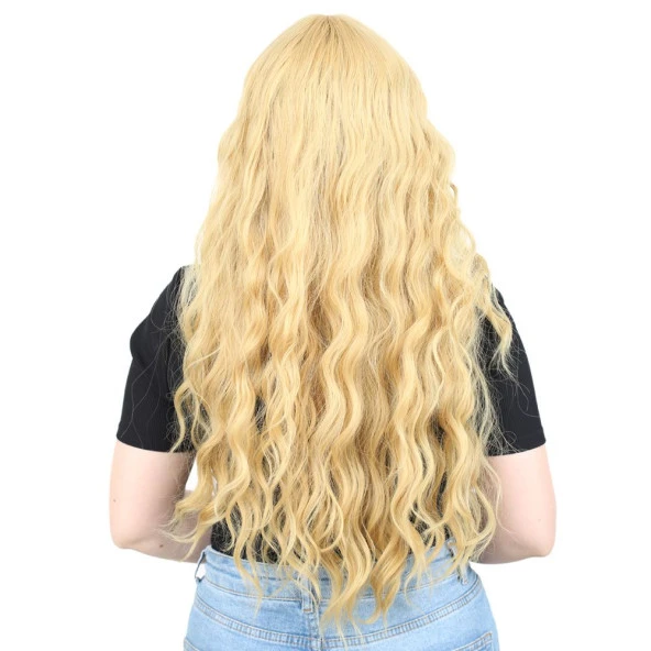 Perçemli Uzun Su Dalgası Fiber Sentetik Peruk - Sarı - Resim 4