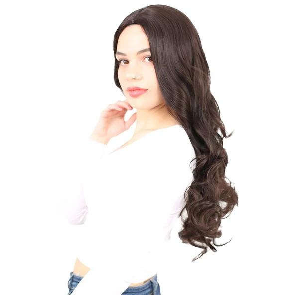 Yoğun Dalgalı Fiber Sentetik Uzun Perçemsiz Peruk-Kahverengi - Resim 3