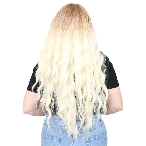 Perçemli Uzun Su Dalgası Fiber Sentetik Peruk - Balköpüğü / Platin Kısa Ombreli - Resim 4