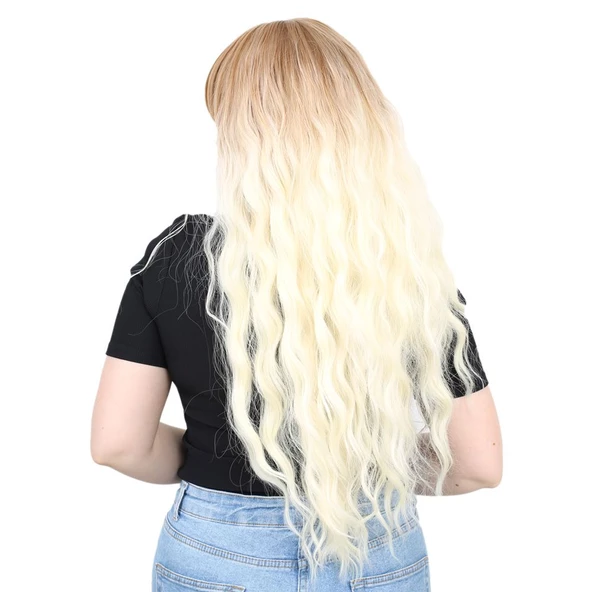 Perçemli Uzun Su Dalgası Fiber Sentetik Peruk - Balköpüğü / Platin Kısa Ombreli - Resim 3