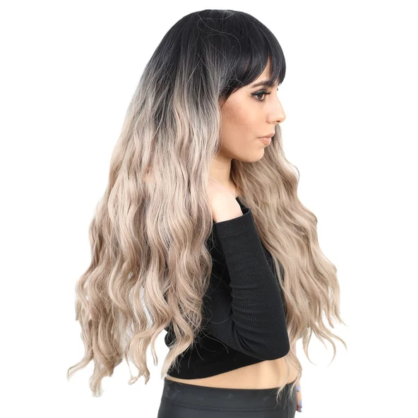 Perçemli Uzun Su Dalgası Fiber Sentetik Peruk- Siyah / Küllü Bebek Sarı Ombreli - Resim 2