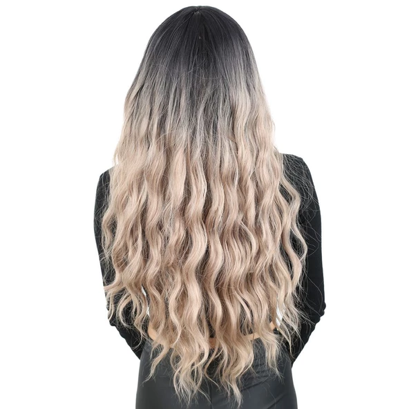 Perçemli Uzun Su Dalgası Fiber Sentetik Peruk- Siyah / Küllü Bebek Sarı Ombreli - Resim 4