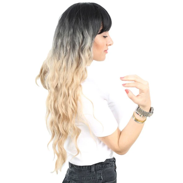 Perçemli Uzun Su Dalgası Fiber Sentetik Peruk - Siyah / Balköpüğü Ombreli - Resim 2