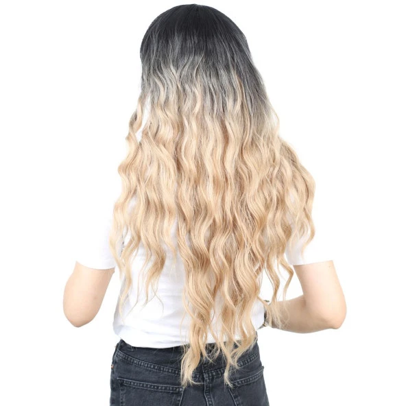 Perçemli Uzun Su Dalgası Fiber Sentetik Peruk - Siyah / Balköpüğü Ombreli - Resim 3