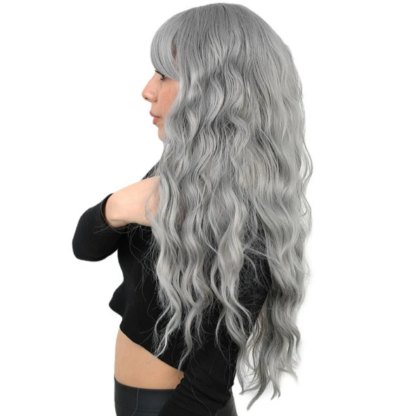 Perçemli Uzun Su Dalgası Fiber Sentetik Peruk - Açık Gri - Resim 3