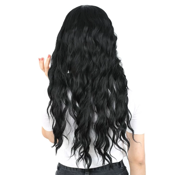 Perçemli Uzun Su Dalgası Fiber Sentetik Peruk- Siyah - Resim 4