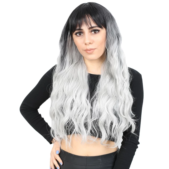 Perçemli Uzun Su Dalgası Fiber Sentetik Peruk - Siyah / Açık Gri Ombreli ürün görseli