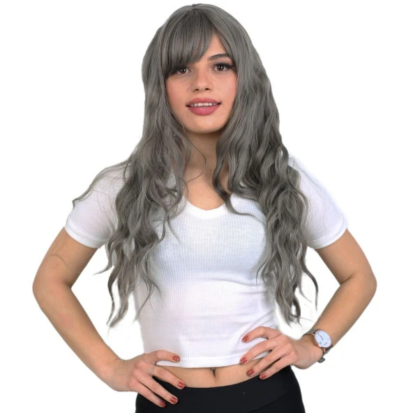 Perçemli Uzun Su Dalgası Fiber Sentetik Peruk- Koyu Gri ürün görseli