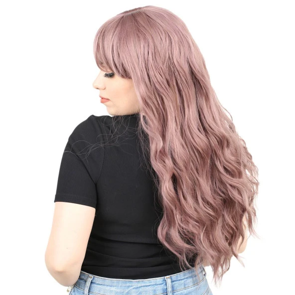 Perçemli Uzun Su Dalgası Fiber Sentetik Peruk- Gül Kurusu - Resim 3