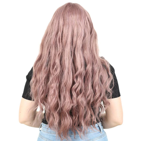 Perçemli Uzun Su Dalgası Fiber Sentetik Peruk- Gül Kurusu - Resim 4