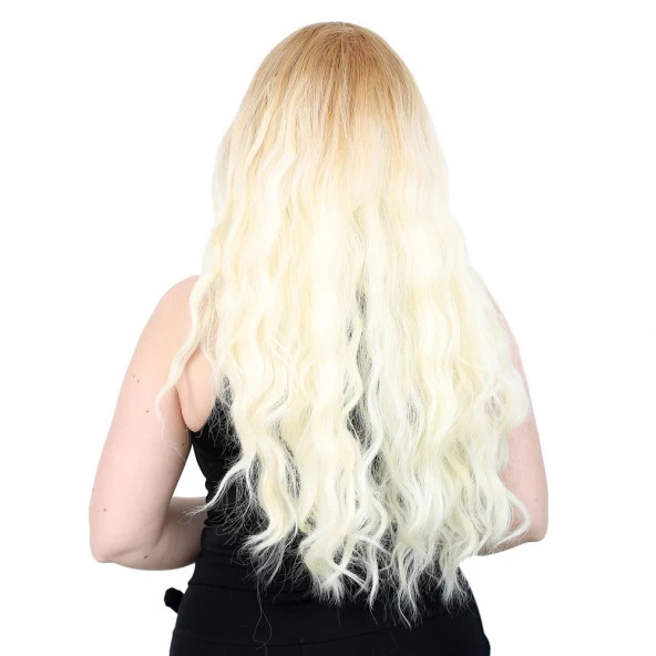 Fiber Sentetik Uzun Su Dalgası Peruk - Balköpüğü / Platin Uzun Ombreli - Resim 4