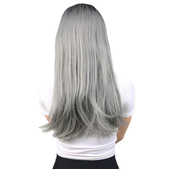 Fiber Sentetik Uzun Düz Peruk - Siyah / Gri Ombreli - 4