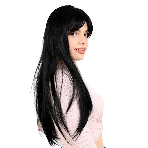 Fiber Sentetik Uzun Düz Kahküllü  Peruk - Siyah - Resim 3