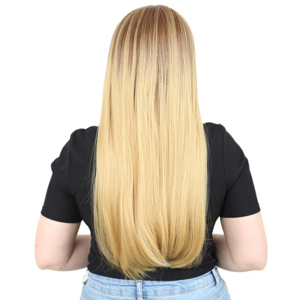 Fiber Sentetik Uzun Düz Peruk - Kumral / Sarı Ombreli - Resim 4