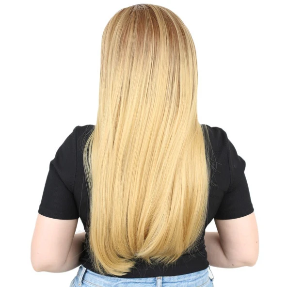 Fiber Sentetik Uzun Düz Peruk - Kumral / Sarı Ombreli - Resim 3