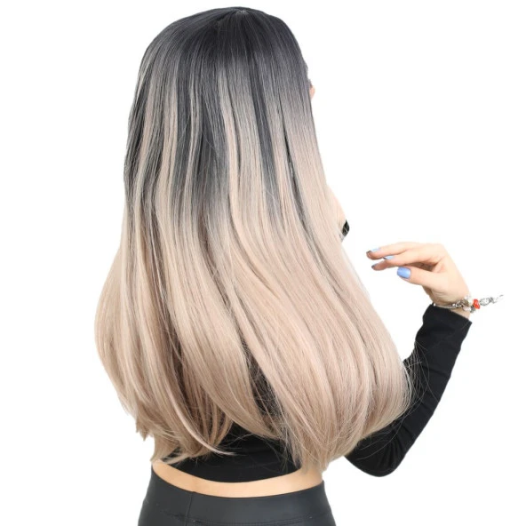 Fiber Sentetik Uzun Düz Peruk - Siyah / Küllü Bebek Sarı Ombreli - Resim 2