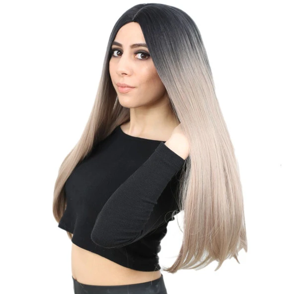 Fiber Sentetik Uzun Düz Peruk - Siyah / Küllü Bebek Sarı Ombreli - Resim 3